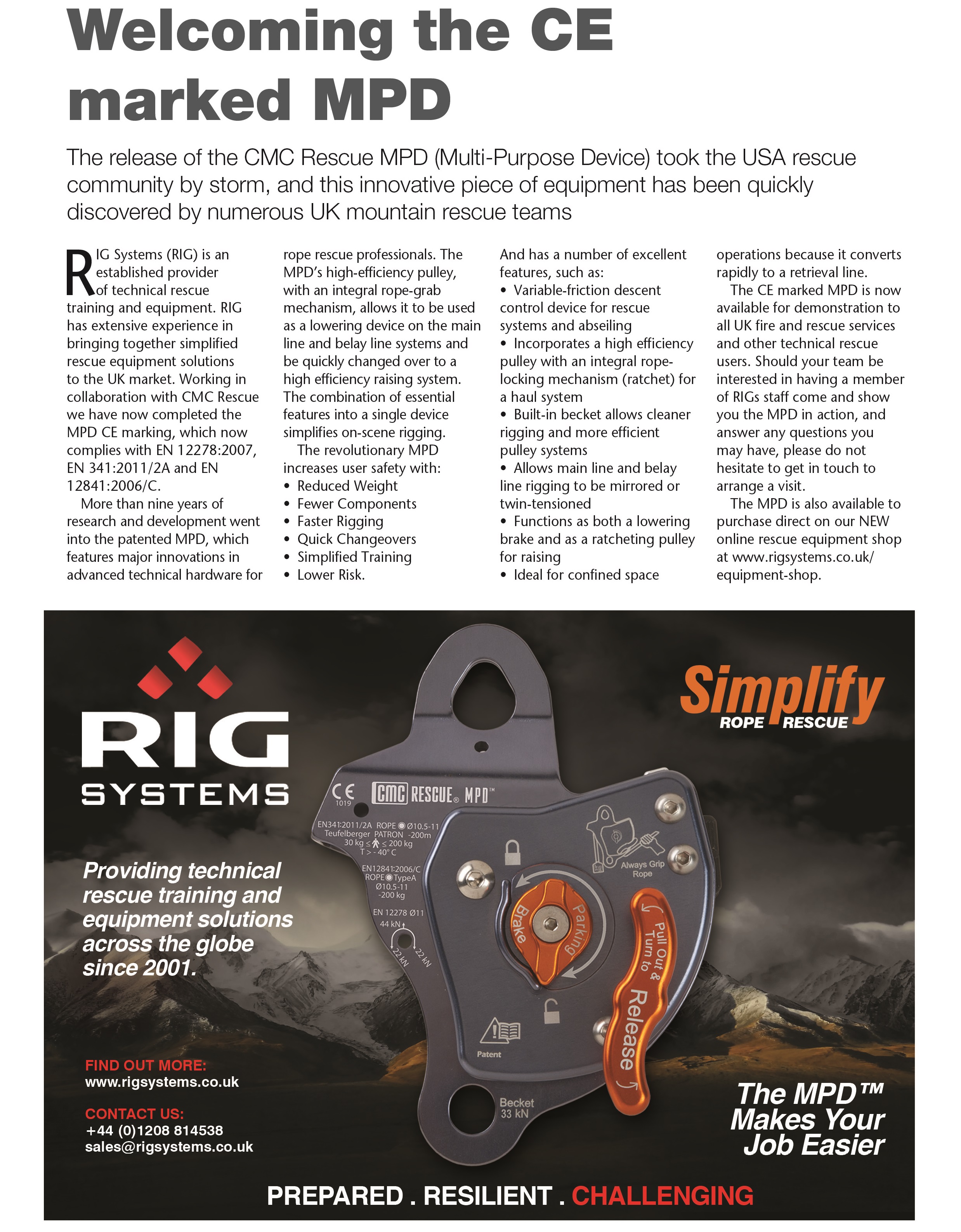 CMC Rescue MPD (multi purpose device) article, FIRE magazine, RIG Systems